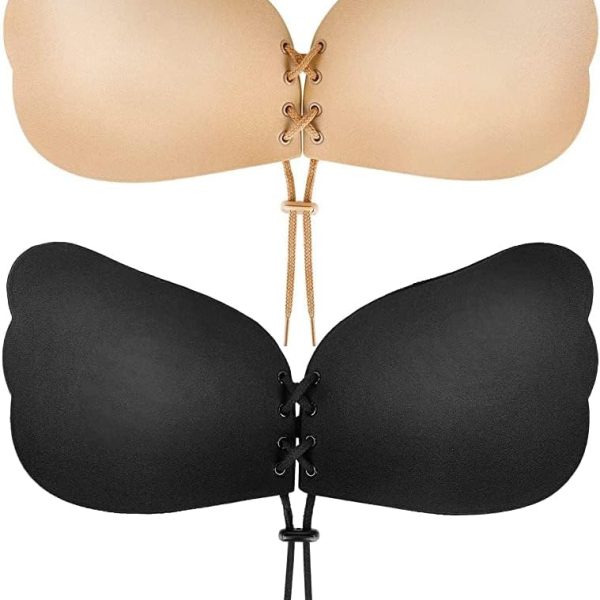 Sticky Bra, Backless Strapless Bra Push Up, Adhesive Invisible Lift Up Bras 2 Pairs Black/Beige