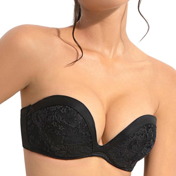 Push Up Strapless Bra with Clear Straps Covertible Plunge Lace Padded Add 2 Cups Low Cut Underwire Bras for Women
