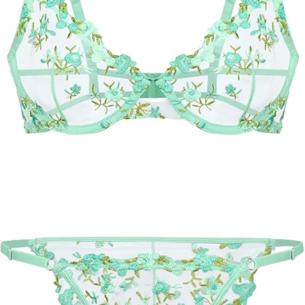 Sexy Floral Embroidered Mesh Sheer Underwire Lingerie Set