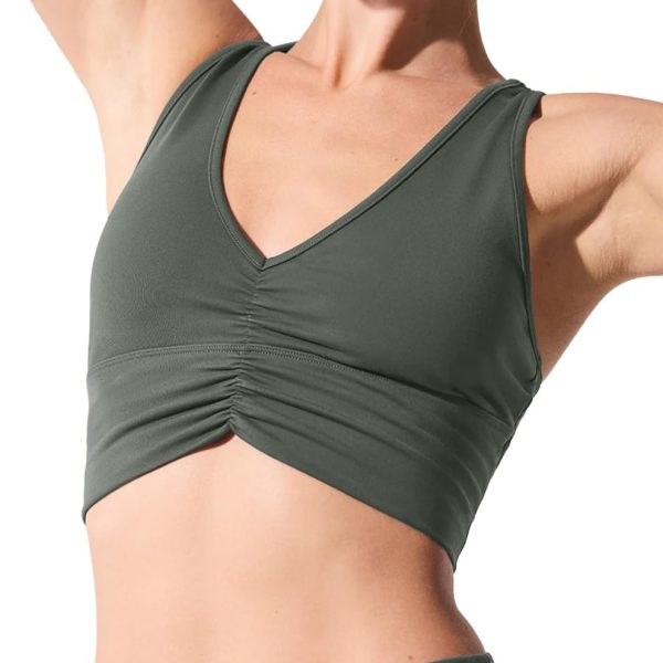 Womens Y Back Sports Bra - Wireless Padded Ruched V Neck Workout Gym Yoga Crop Top
