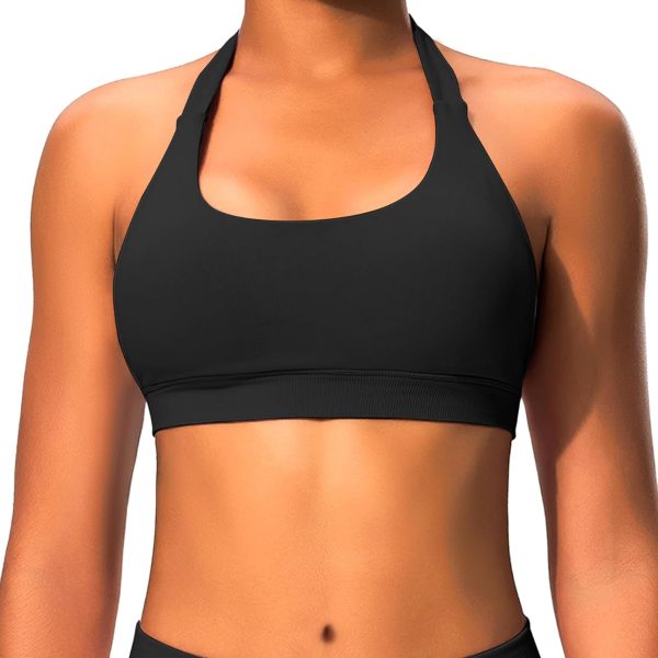 Halter Sports Bras for Women Backless Workout Bra Seamless Open Back Strappy Yoga Bra Crop Top with Removable Cups